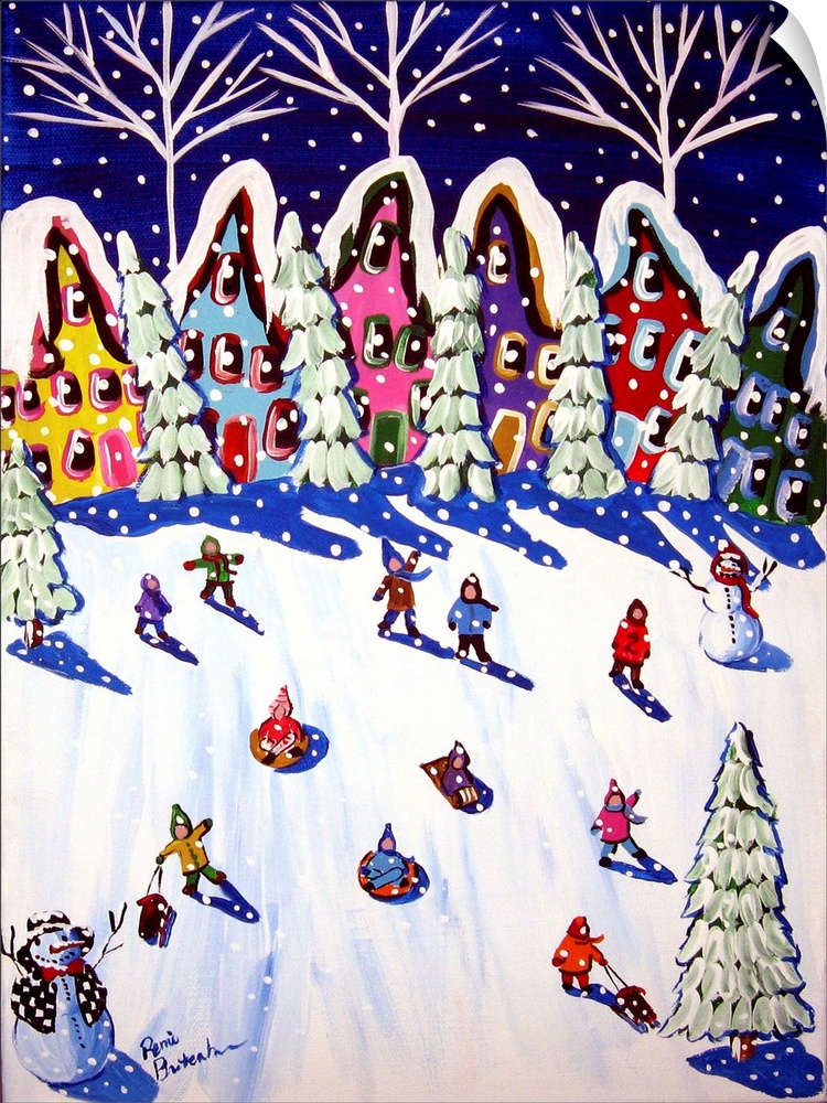 Winter folk art scene with kids enjoying the snow, sledding down the hill.