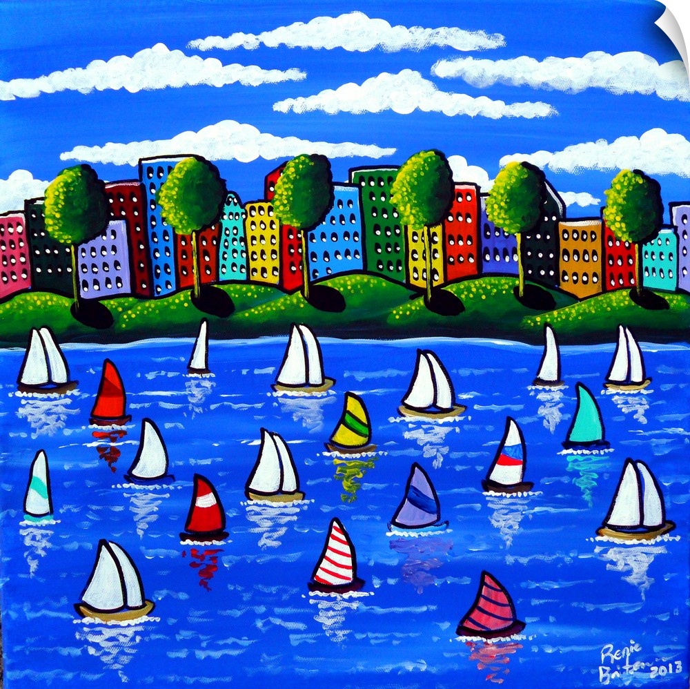 Spring has sprung and many lovers of sailing have launched their boats. A colorful cityscape is in the background.