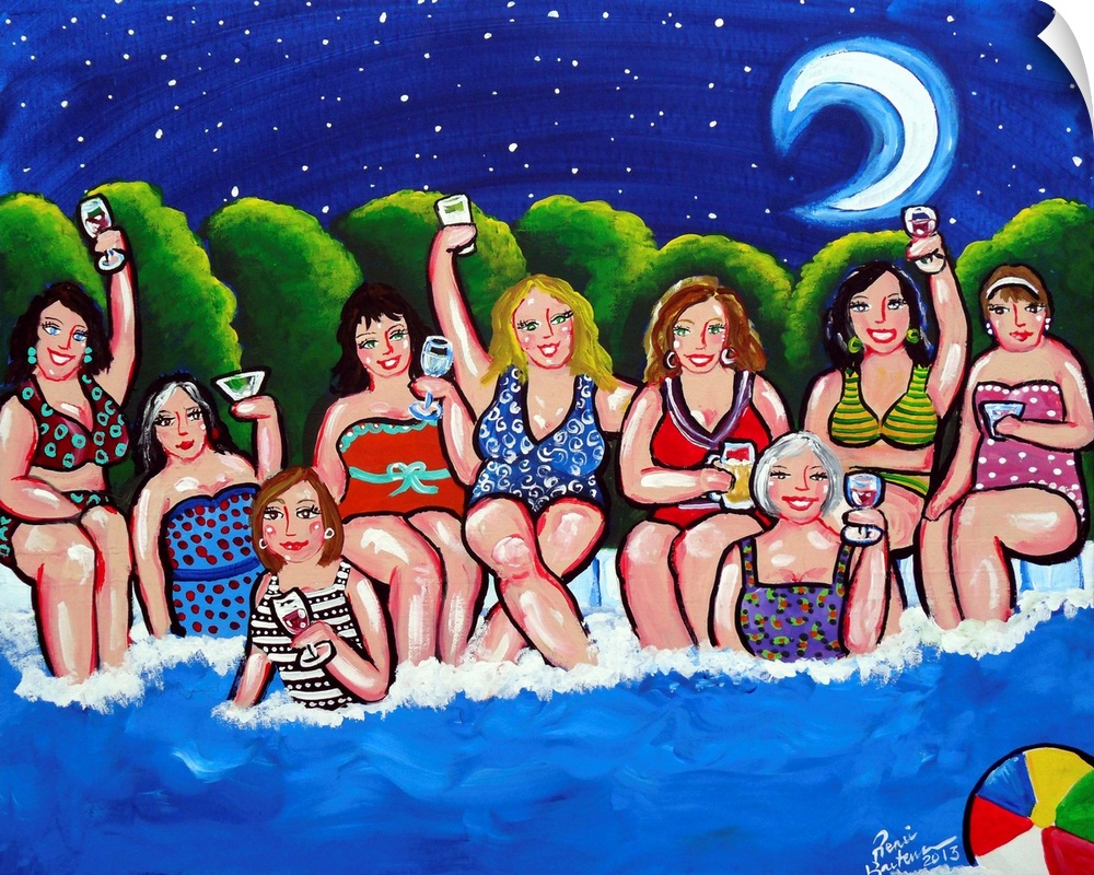 Fun folk art with a group of Divas enjoying their cocktails around the pool, under the moon and stars.
