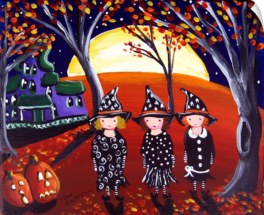Three little witches are on their way home from witch school, having learned all sorts of magic. A couple jack-o-lanterns ...