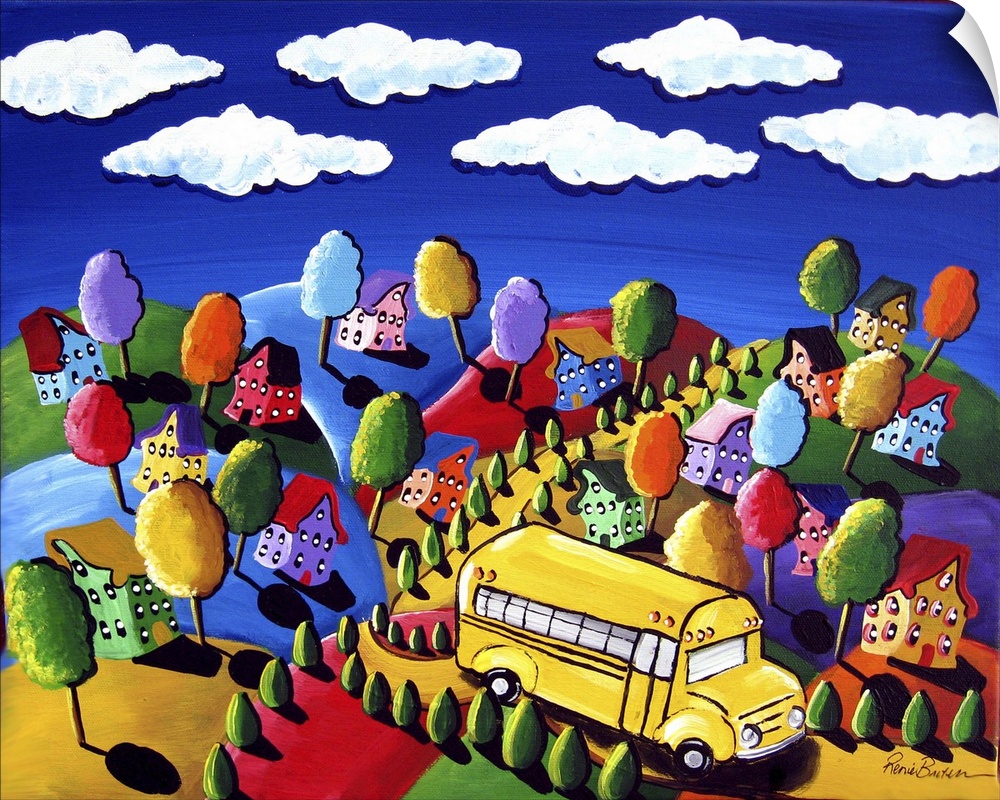The school bus makes it way through  the colorful landscape, picking up the children.