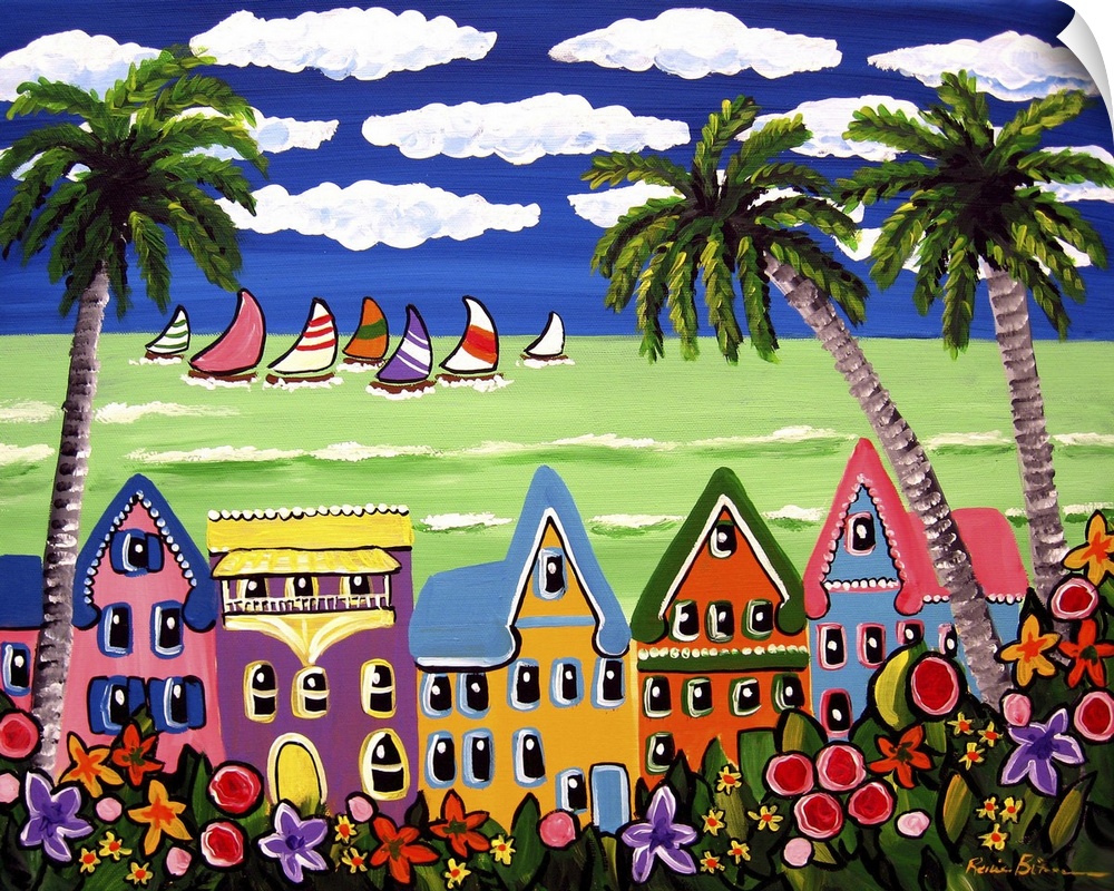 Whimsical, tropical beach scene with tropical houses, flowers and sailboats in the distance. All under a blue sky.