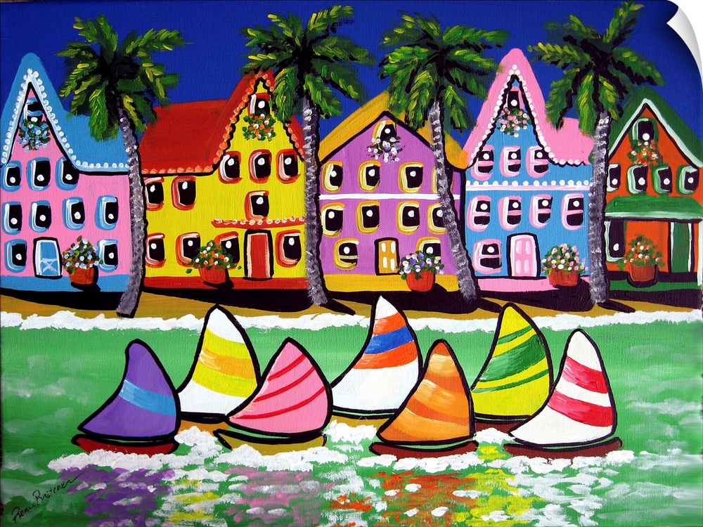 Colorful, tropical beach scene with sailboats.