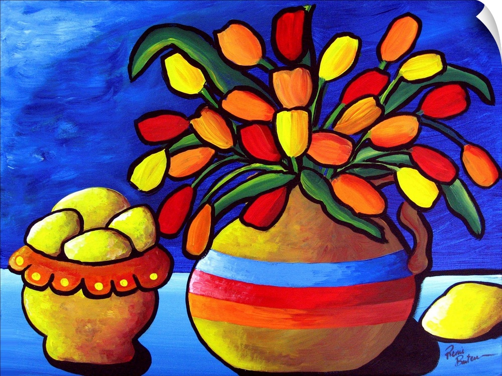 Brightly colored tulips in a vase sit beside a bowl of lemons, against deep blue background