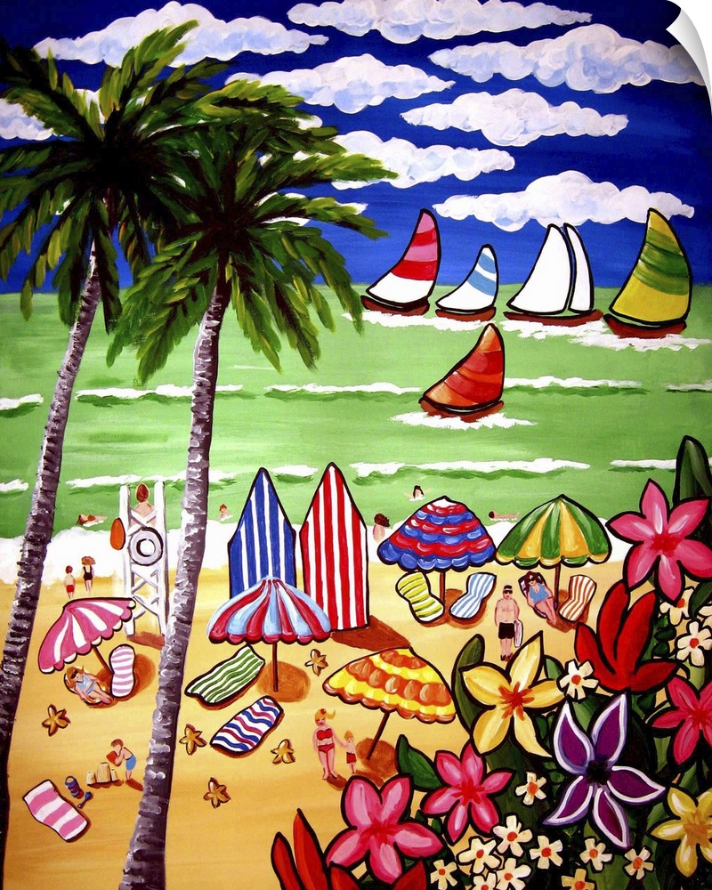 Lots of color, activity, and fun in a beach scene with sailboats drifting by.