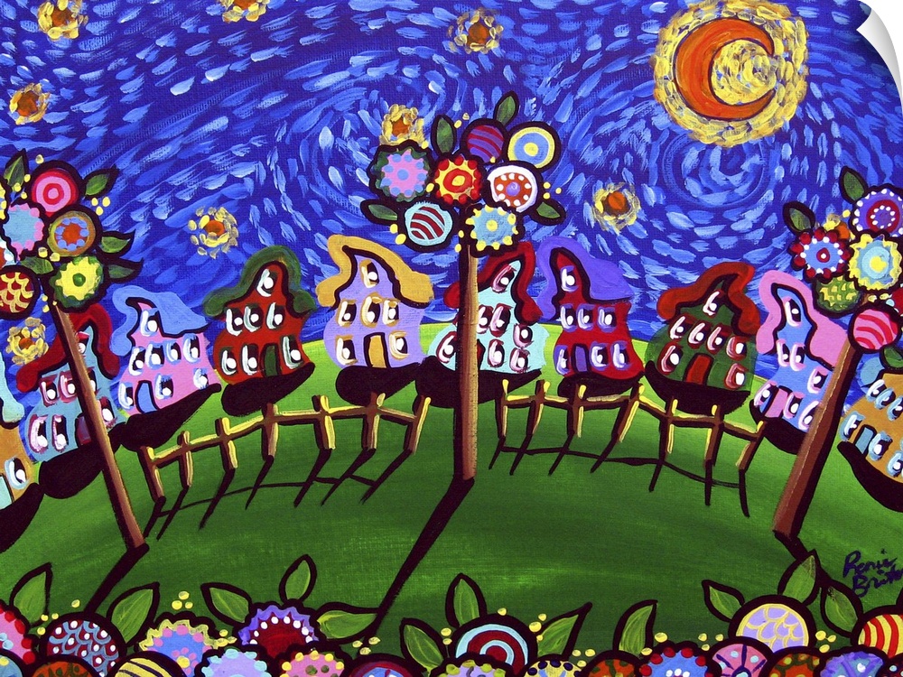 A Van Gogh sky shines over whimsical houses, trees, and blossoms. Fun folk art piece!