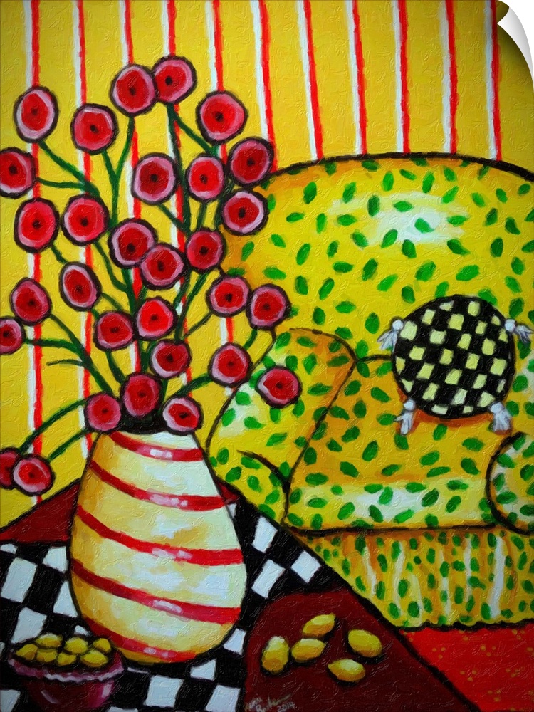 Whimsical folk art still life with a striped vase of red poppies and a big, yellow easy chair.