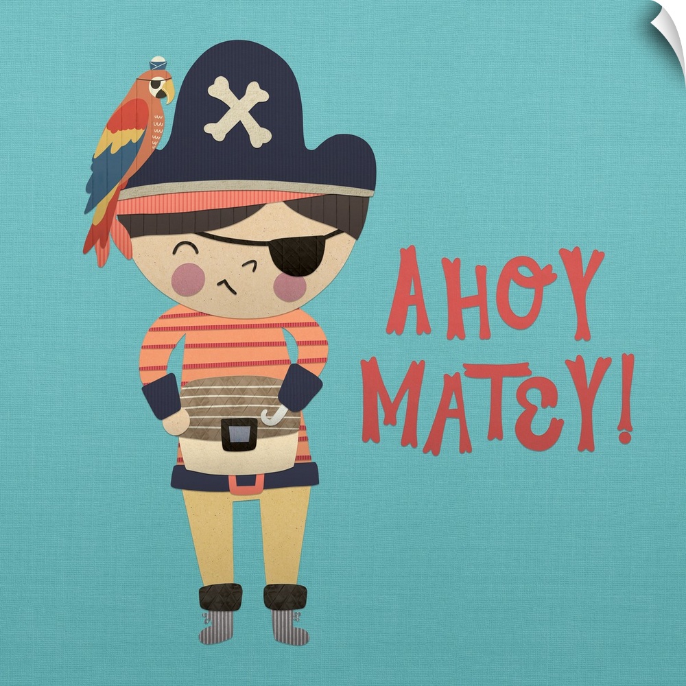 A darling illustration of a young pirate with a parrot and "Ahoy Matey!" on a blue background.