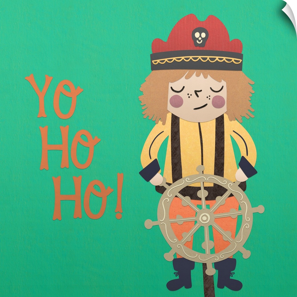 A darling illustration of a young pirate with a ship's steering wheel and "HO Ho Ho!" on a green background.