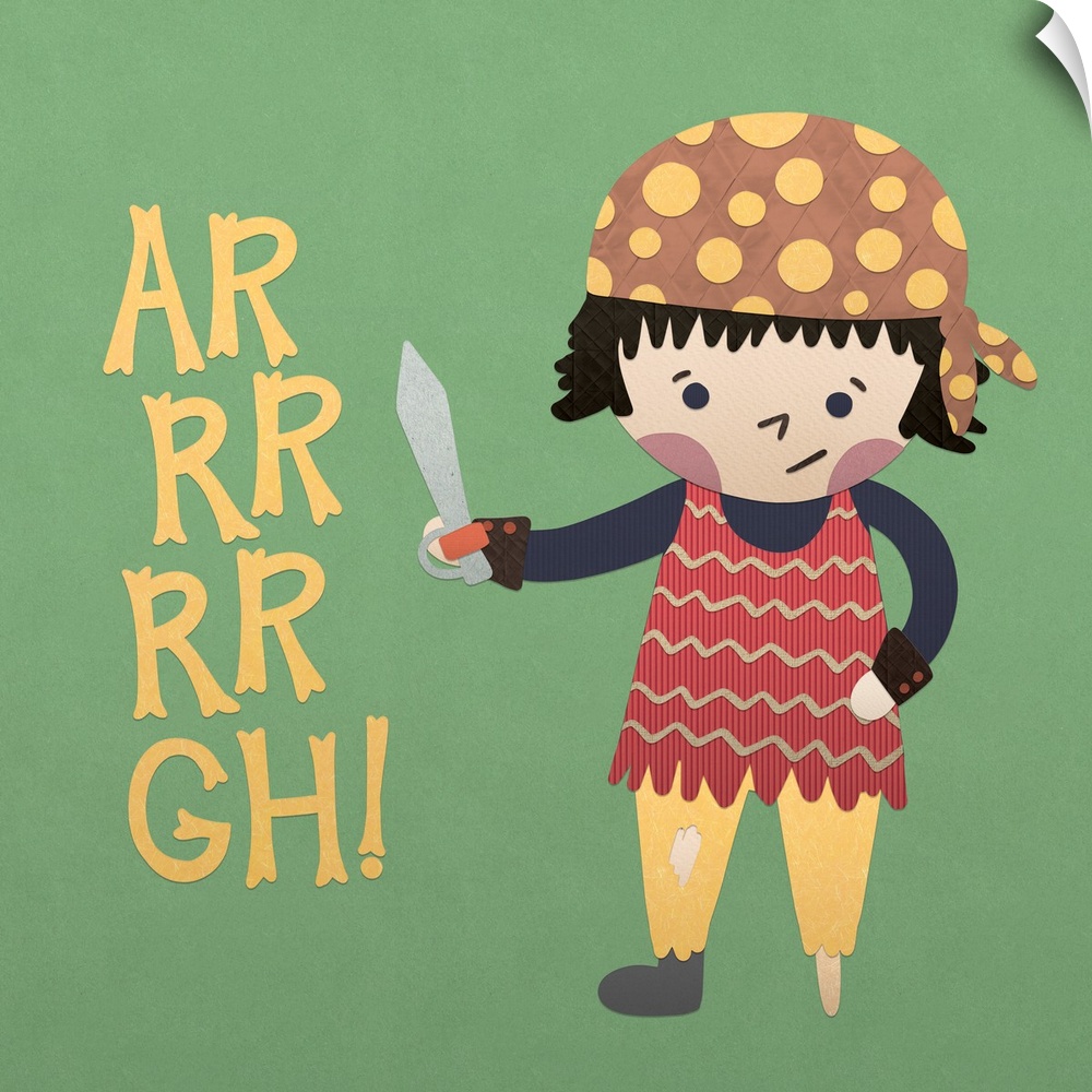 A darling illustration of a young pirate with a sword and "AR RR RR GH!" on a green background.