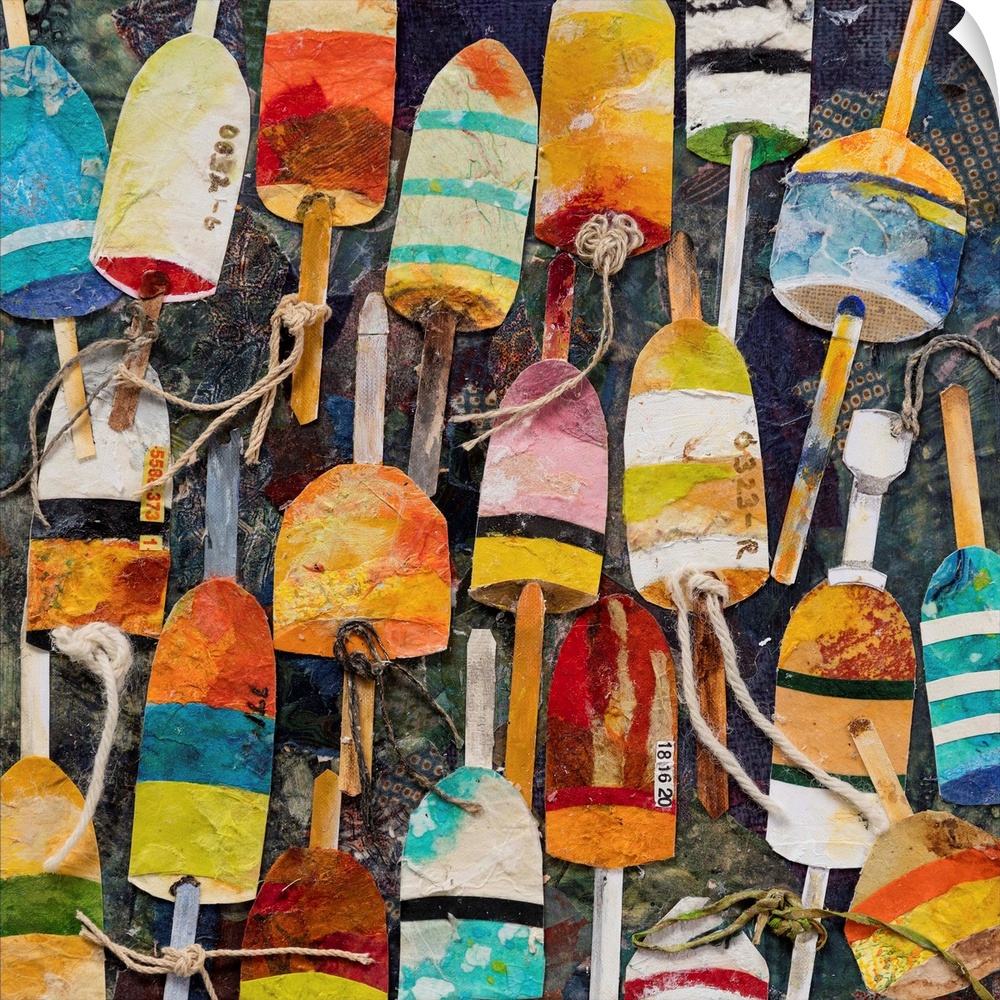 A mixed media painting of water buoys in bright, multiple colors with rope on a dark backdrop.