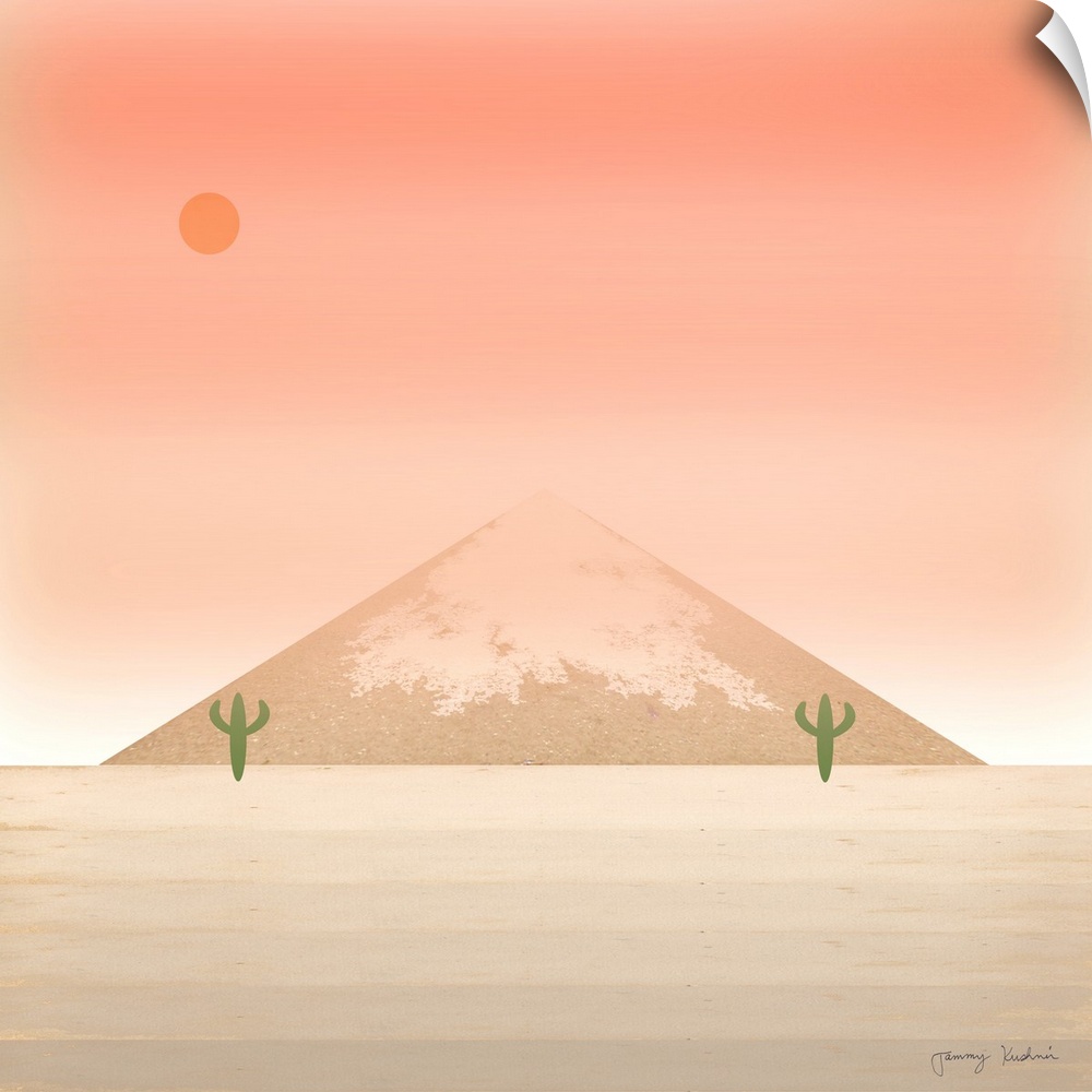 Square decorative design of two green cactus next to a mountain with a sky in shades of pink.