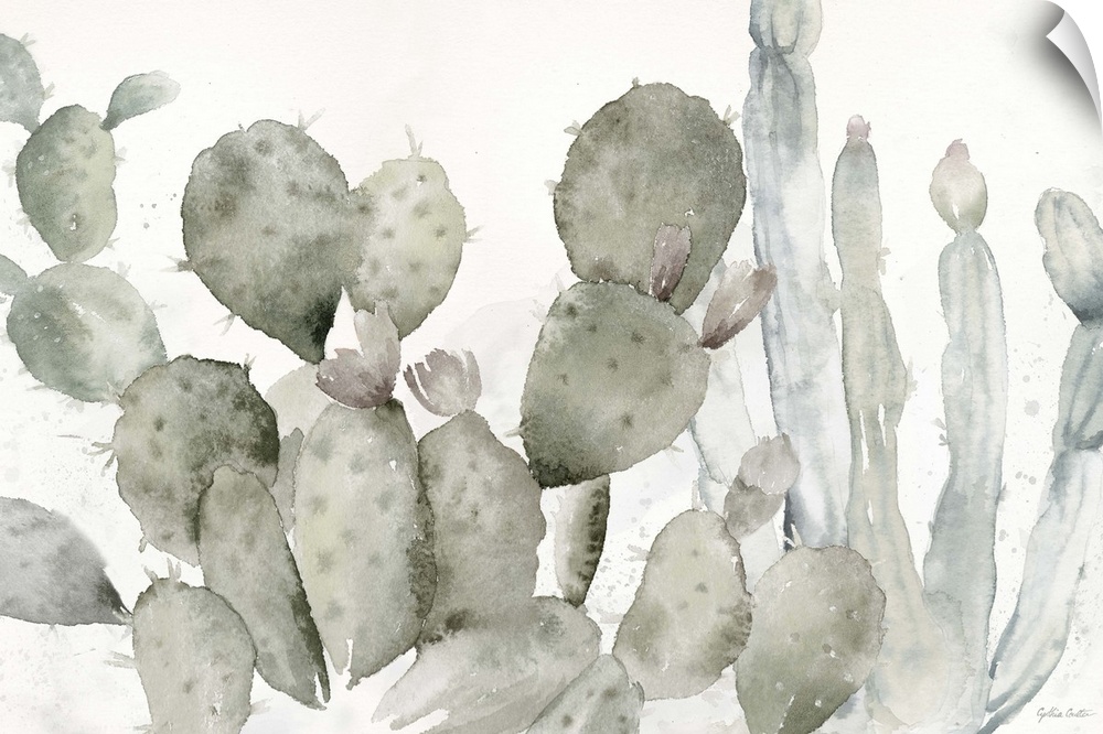 A decorative watercolor painting of a group of cactus in a garden.