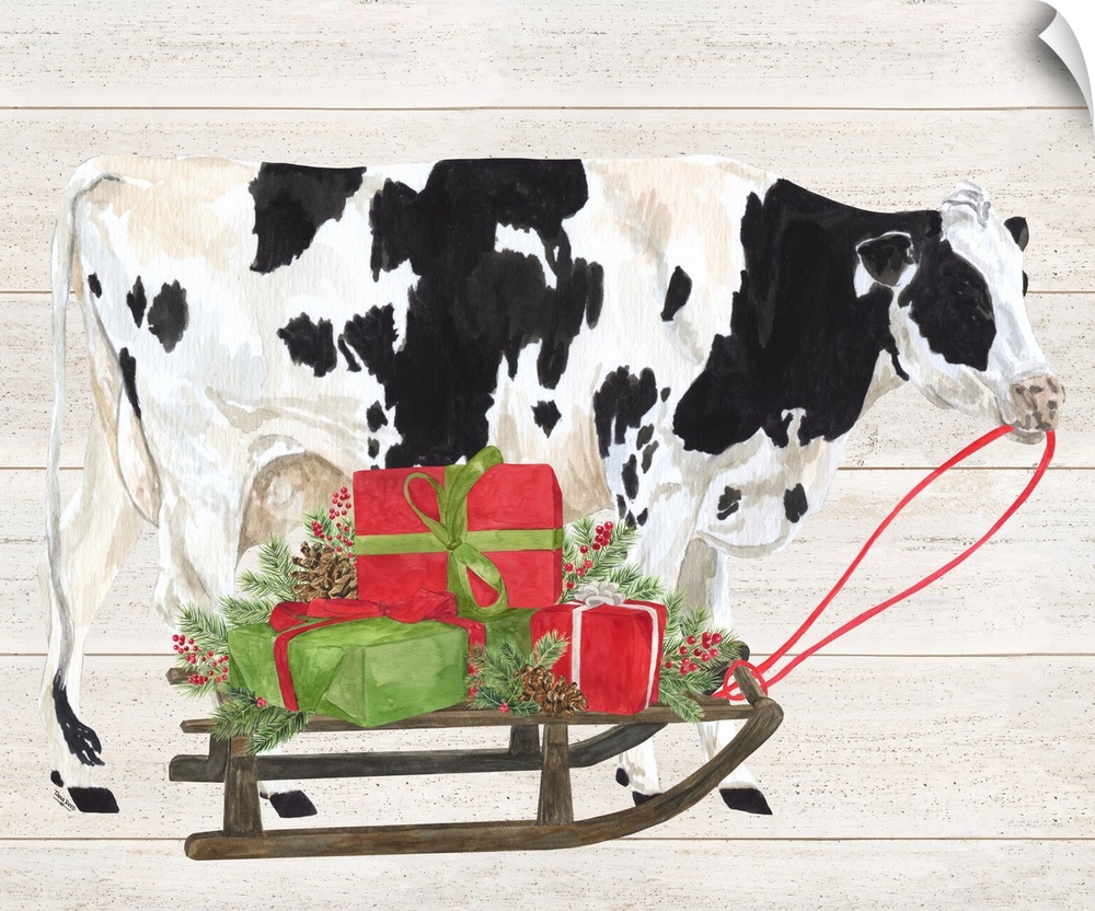 Christmas on the Farm I Cow with Sled