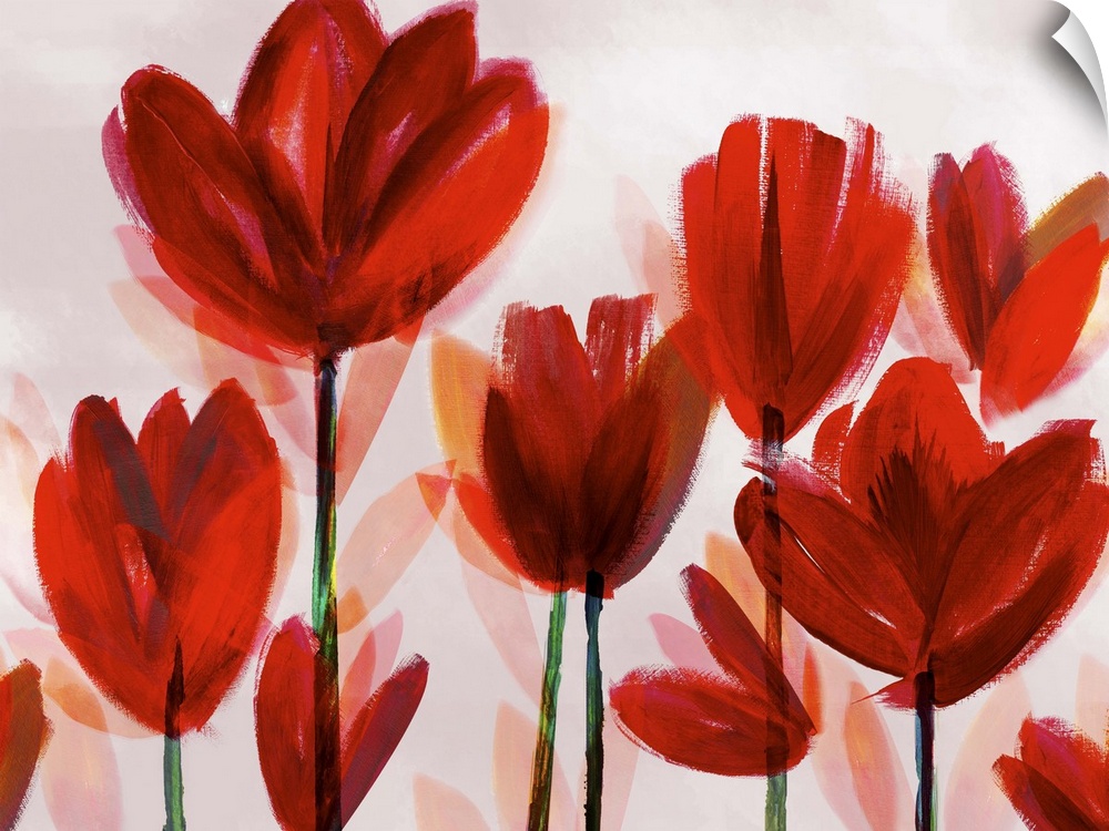 A contemporary painting of bright red poppies in broad brush strokes on a neutral backdrop.