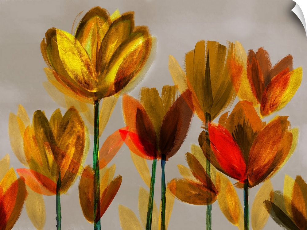 A contemporary painting of bright yellow and orange poppies in broad brush strokes on a neutral backdrop.