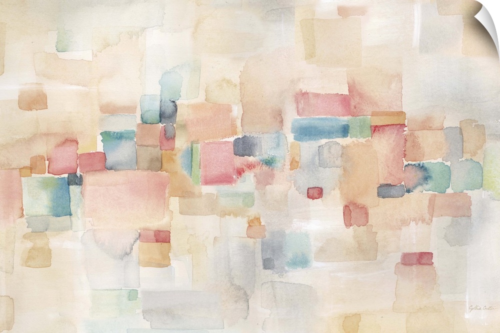 Horizontal abstract watercolor painting in blurred square shapes in muted tones of pink, blue and green.