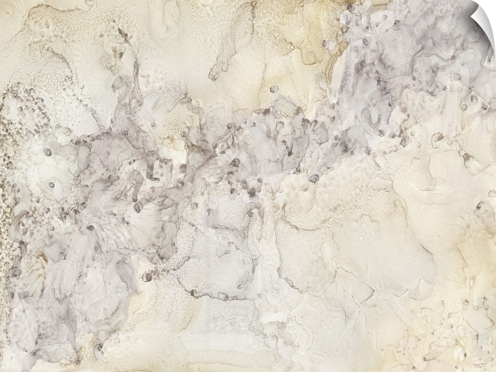 Horizontal abstract painting in shades of silver and gold in the style of marble.