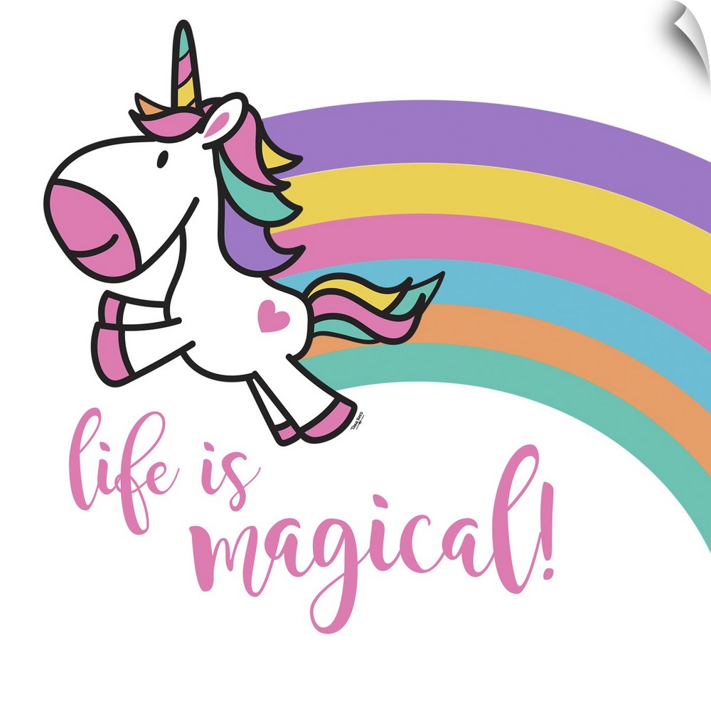 Adorable decorative illustration of a purple unicorn with a rainbow trailing behind it and "Life is magical!"