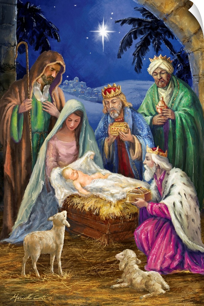 Contemporary artwork of the manger scene of Mary and Joseph with baby Jesus as the three wise men visit.