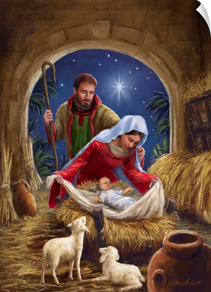 Contemporary artwork of the manger scene of Mary and Joseph with baby Jesus.