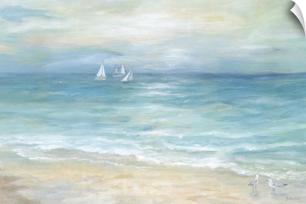 A contemporary painting of a seascape with sailboats off in the distance and shorebird walking along the beach.