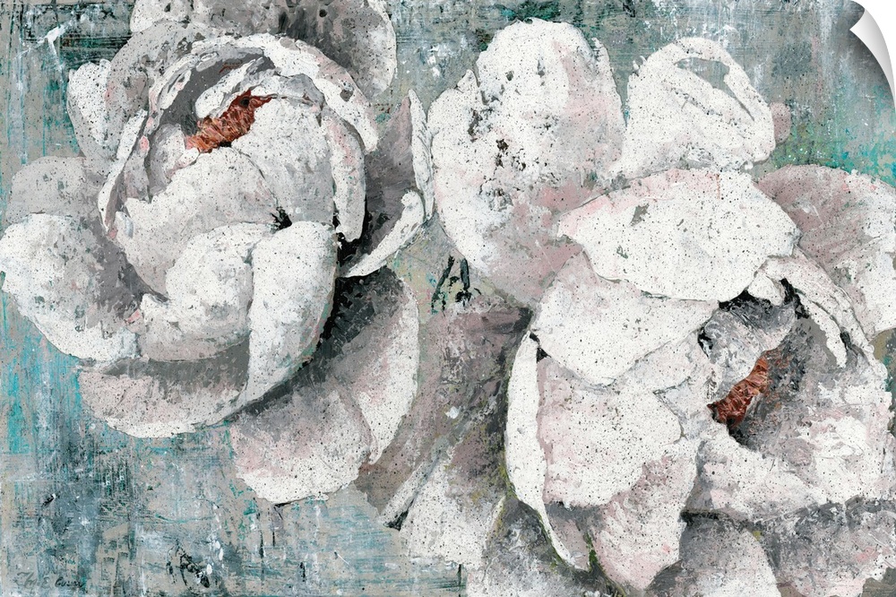 A contemporary still life painting of a white bloomed flowers with a teal background with black speckles overlapping.