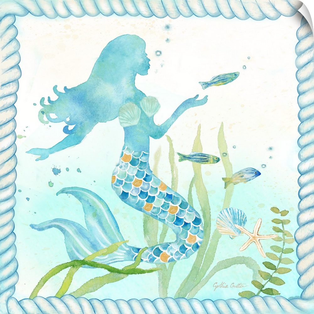 Watercolor painting of a mermaid surrounded by fish, coral and seaweed along with shells, bordered by a blue rope design.