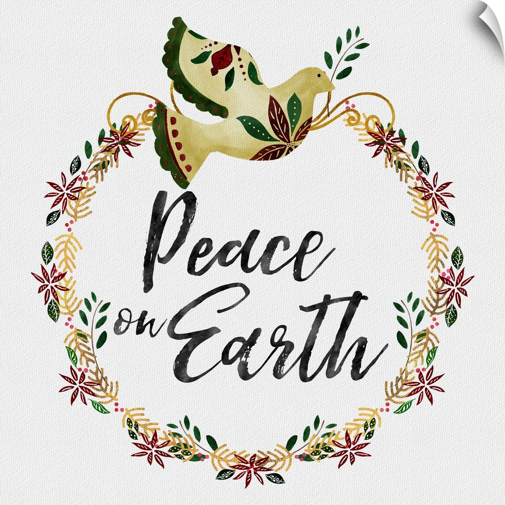 "Peace On Earth" surrounded by a holiday wreath and golden dove on a white linen backdrop.