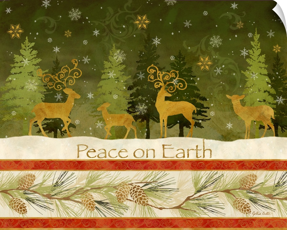 A decorative holiday design of a group of gold silhouetted deer in a forest during a snow fall with the text "Peace on Ear...