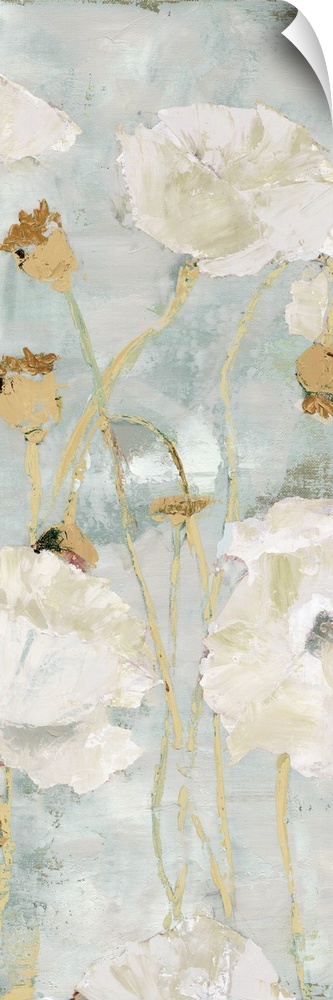 Contemporary painting of a group of white poppies on a muted gray backdrop.