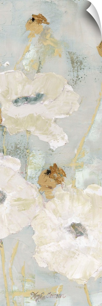 Contemporary painting of a group of white poppies on a muted gray backdrop.