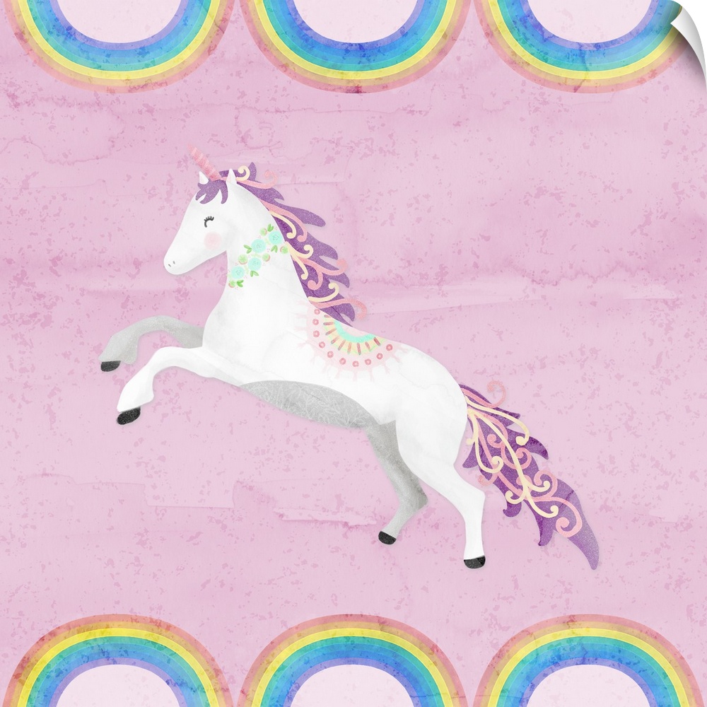 A decorative whimsical design of a white and purple unicorn with a watercolor pink background bordered with rainbows.