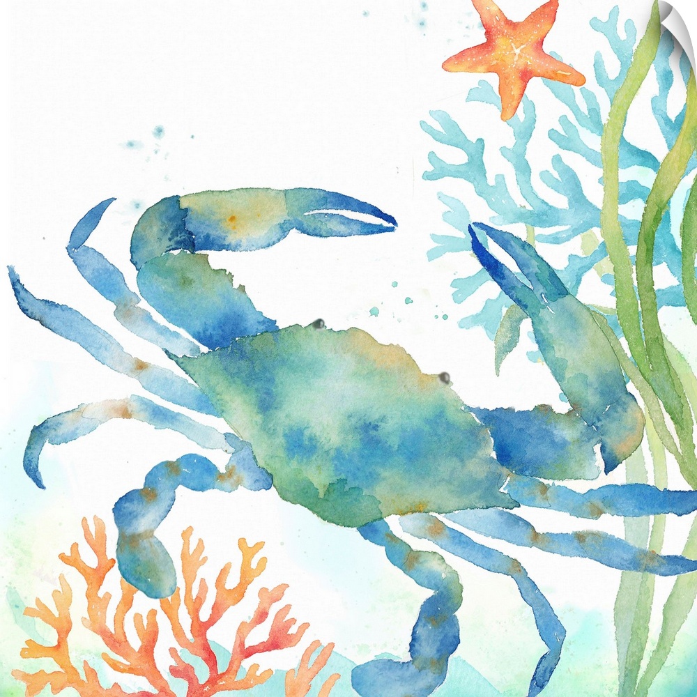 An artistic watercolor painting of a crab and coral underwater in cool tones of blue and green.