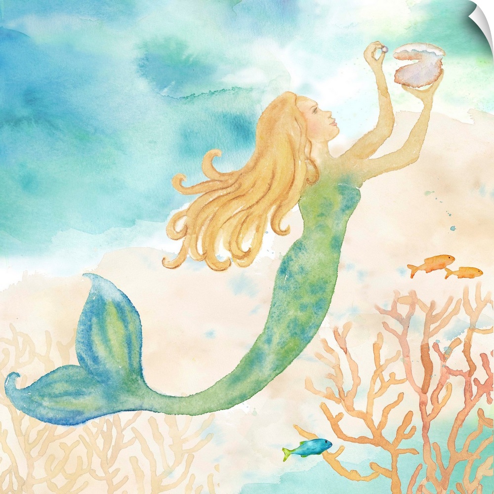 A watercolor image of a mermaid holding a shell.