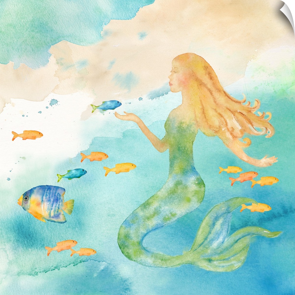 A watercolor image of a mermaid among colorful fish.