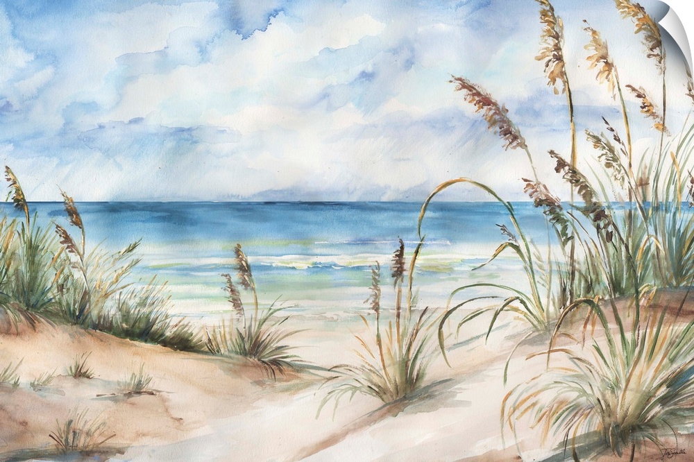 A contemporary watercolor painting of grass cover sand dunes on a beach with a blue sky above.