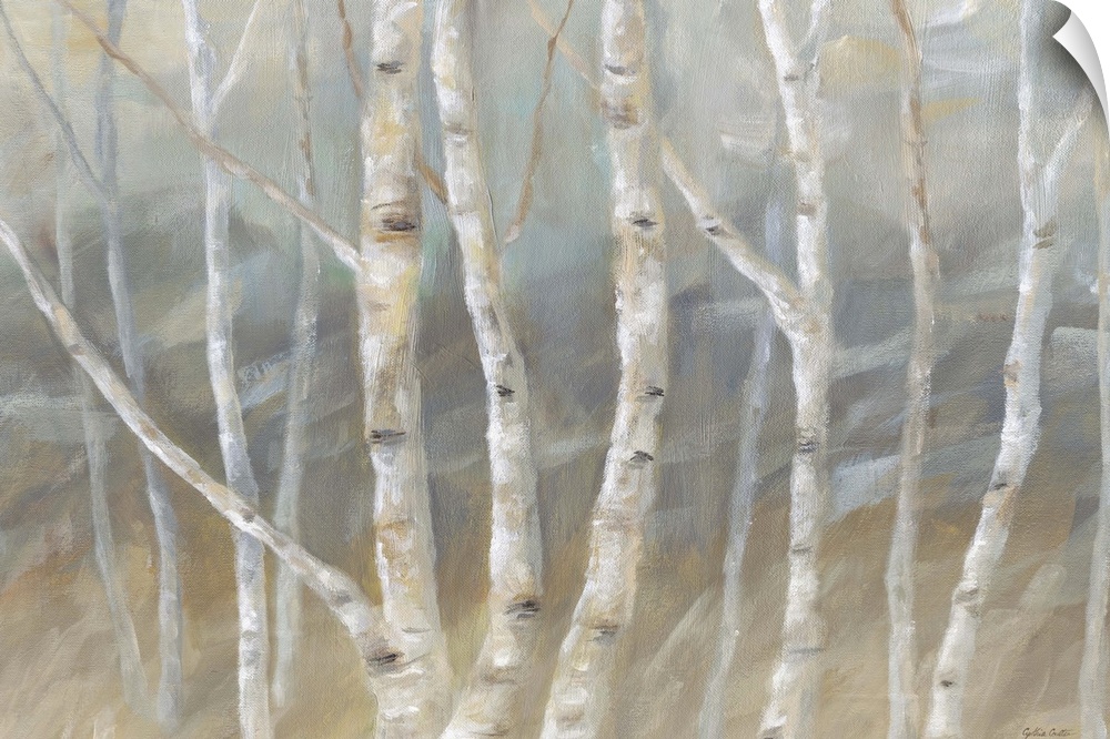 Contemporary painting of a forest of birch trees with a gray and brown backdrop.