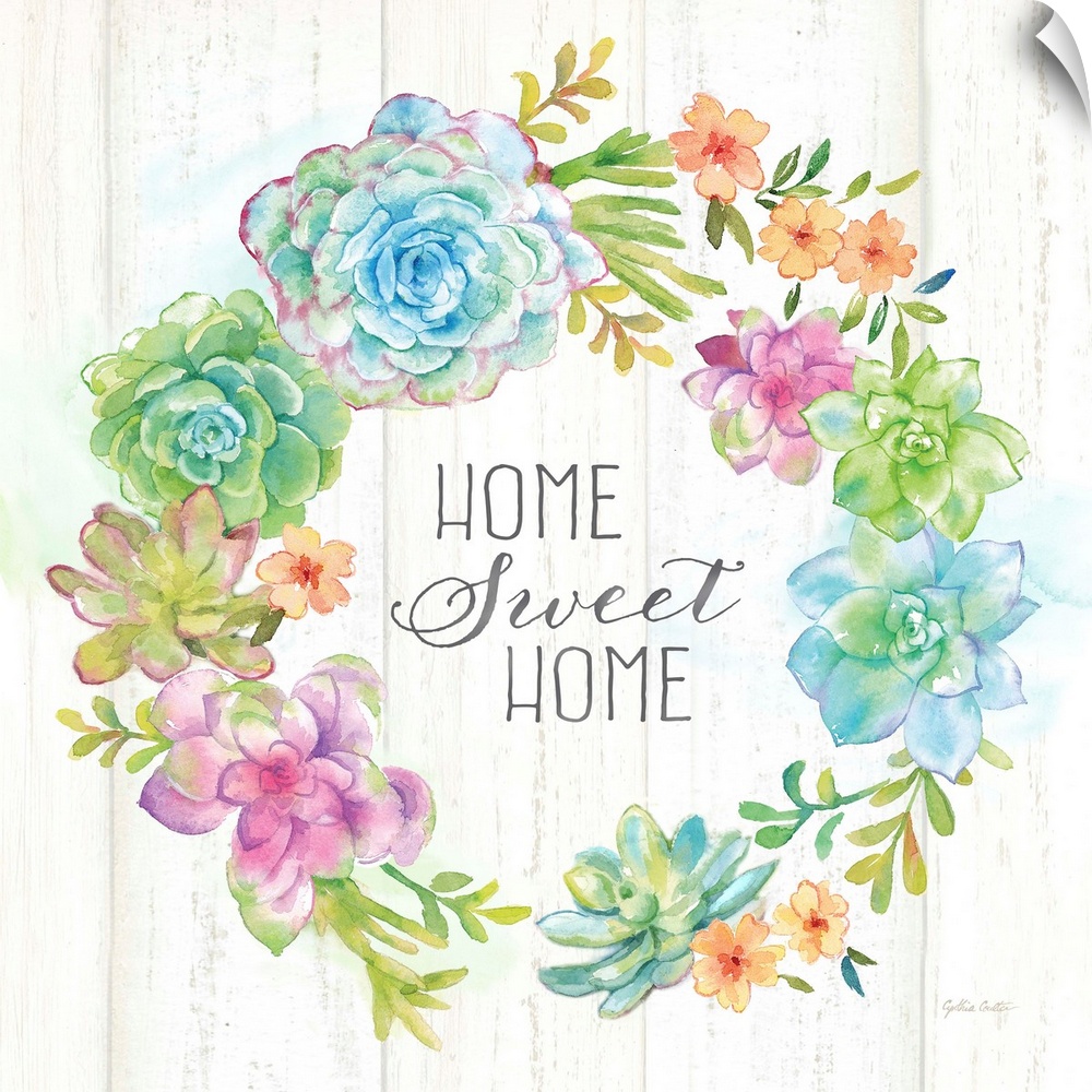 "Home Sweet Home" on a square decorative watercolor painting of a wreath of colorful succulents.