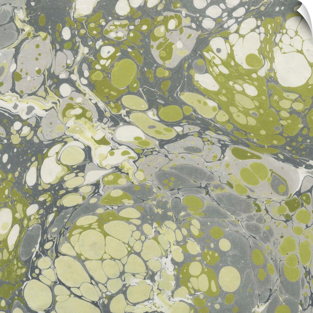 Square abstract artwork of swirls of green, gray and white shades in a marble effect.