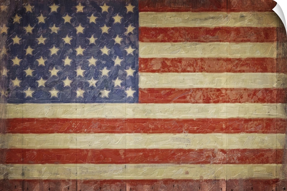 The American flag with a distress appearance on wood planks.