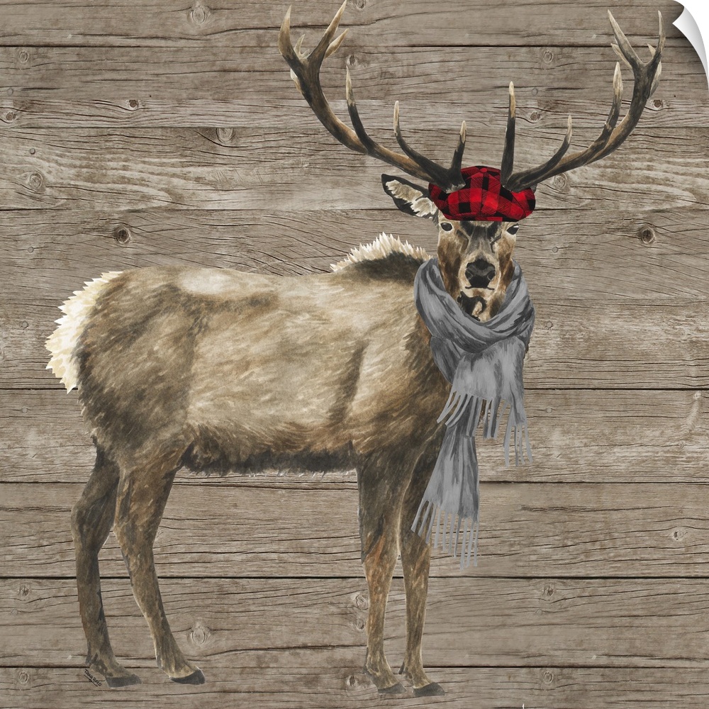 Decorative image of a buck wearing a plaid cap and gray scarf against a wood panel backdrop.