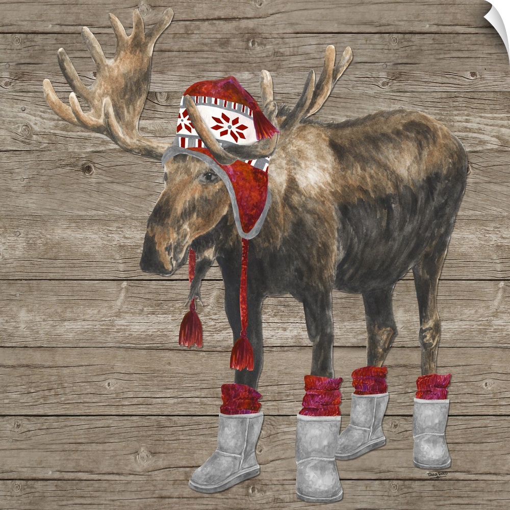 Decorative image of a buck wearing a red cap and boots with red socks against a wood panel backdrop.