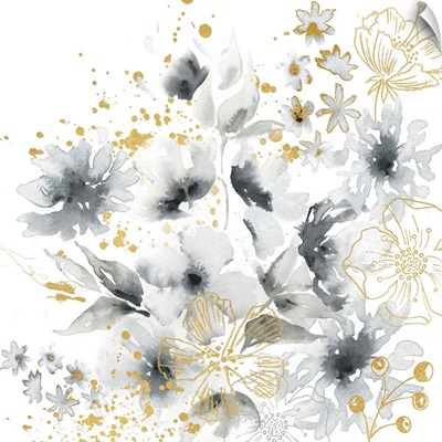 Watercolor Gray And Gold Floral