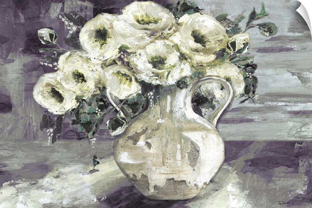A decorative painting of a pitcher full of white flowers in subdue tones.