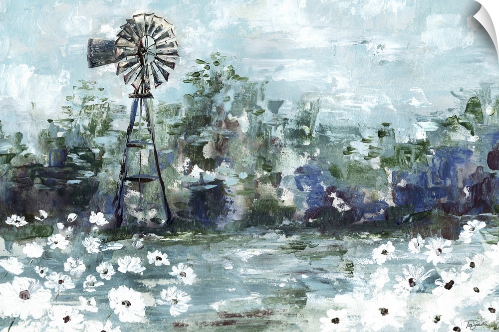 An abstract landscape of a field of daisies and a windmill.