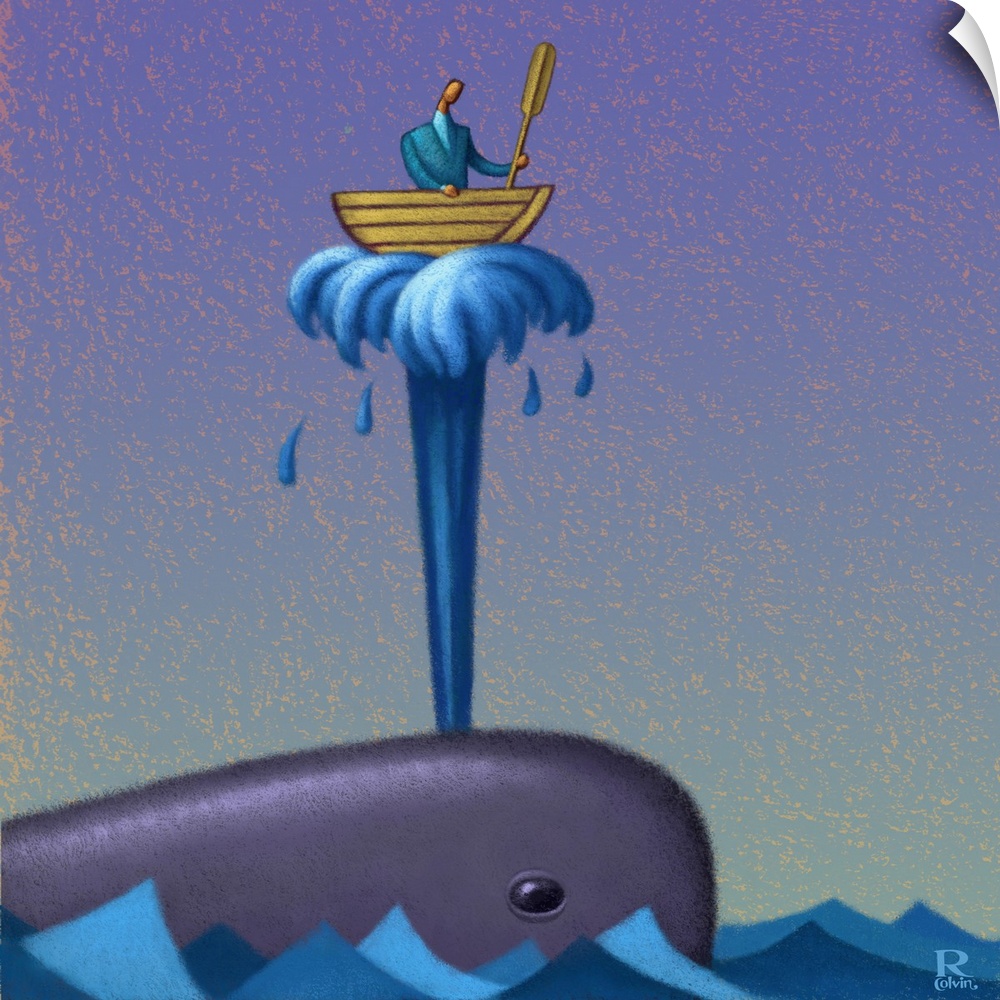 Digital painting of a whale spouting water with a man in a rowboat on top.