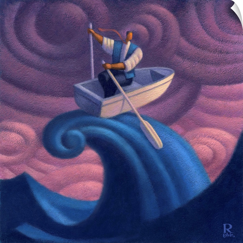 Contemporary painting of a man struggling to row against the tide.