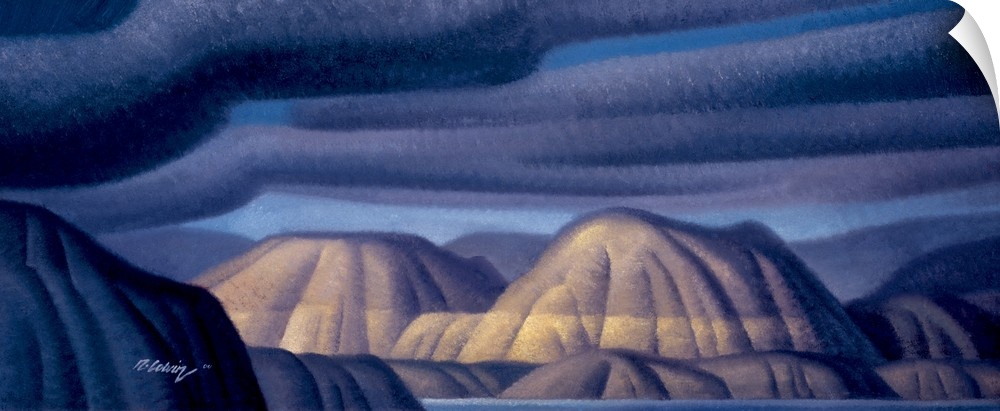 Modernist landscape oil painting of a mountain range with a breaking storm.