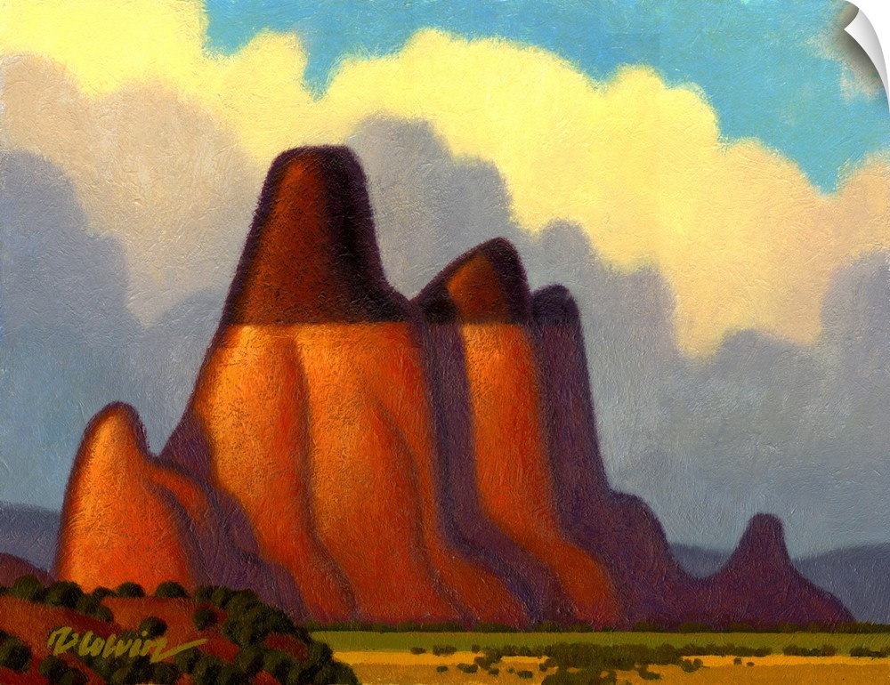 Landscape painting of a desert butte with bright clouds.
